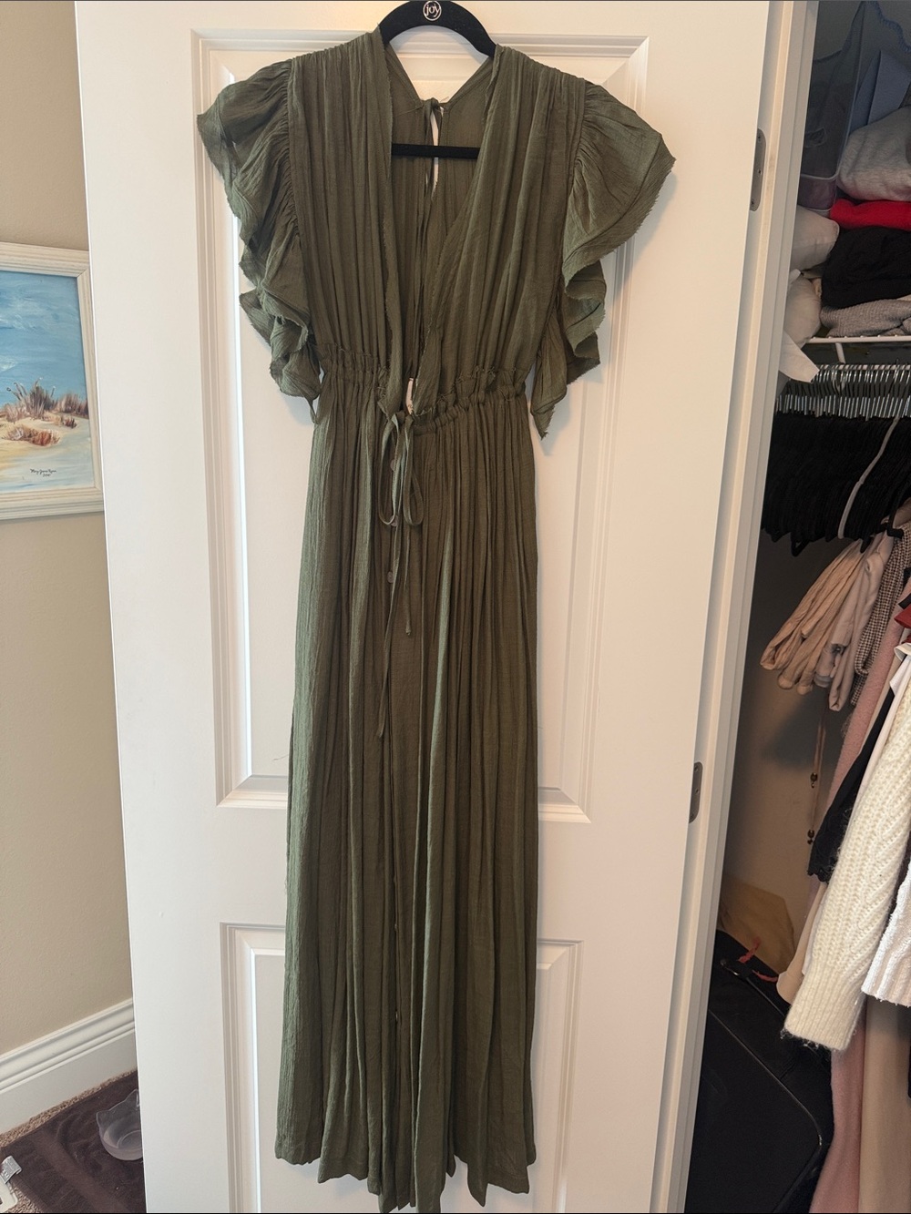 Flowy Olive Green Maxi Dress with Ruffle Sleeves